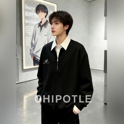 韩国CHIPOTLE假两件衬衫领卫衣男2026春季撞色拼接半拉链长袖t恤