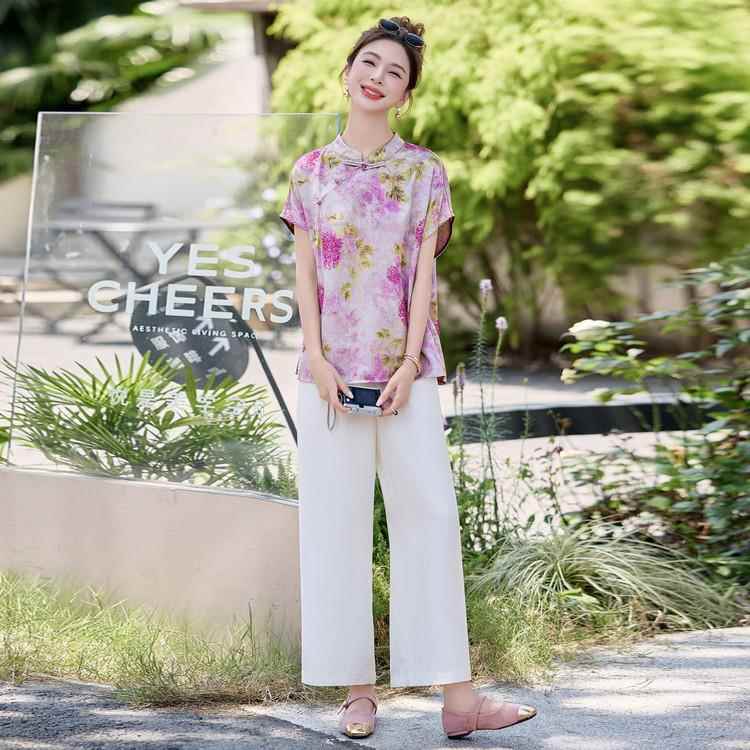 ZMAN8251中国风套装女新夏季新款上洋气显瘦印式花盘扣衣阔腿裤两