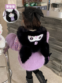 女童冬装皮草外套洋气小女孩加厚保暖紫色库洛米连帽亮片棉衣