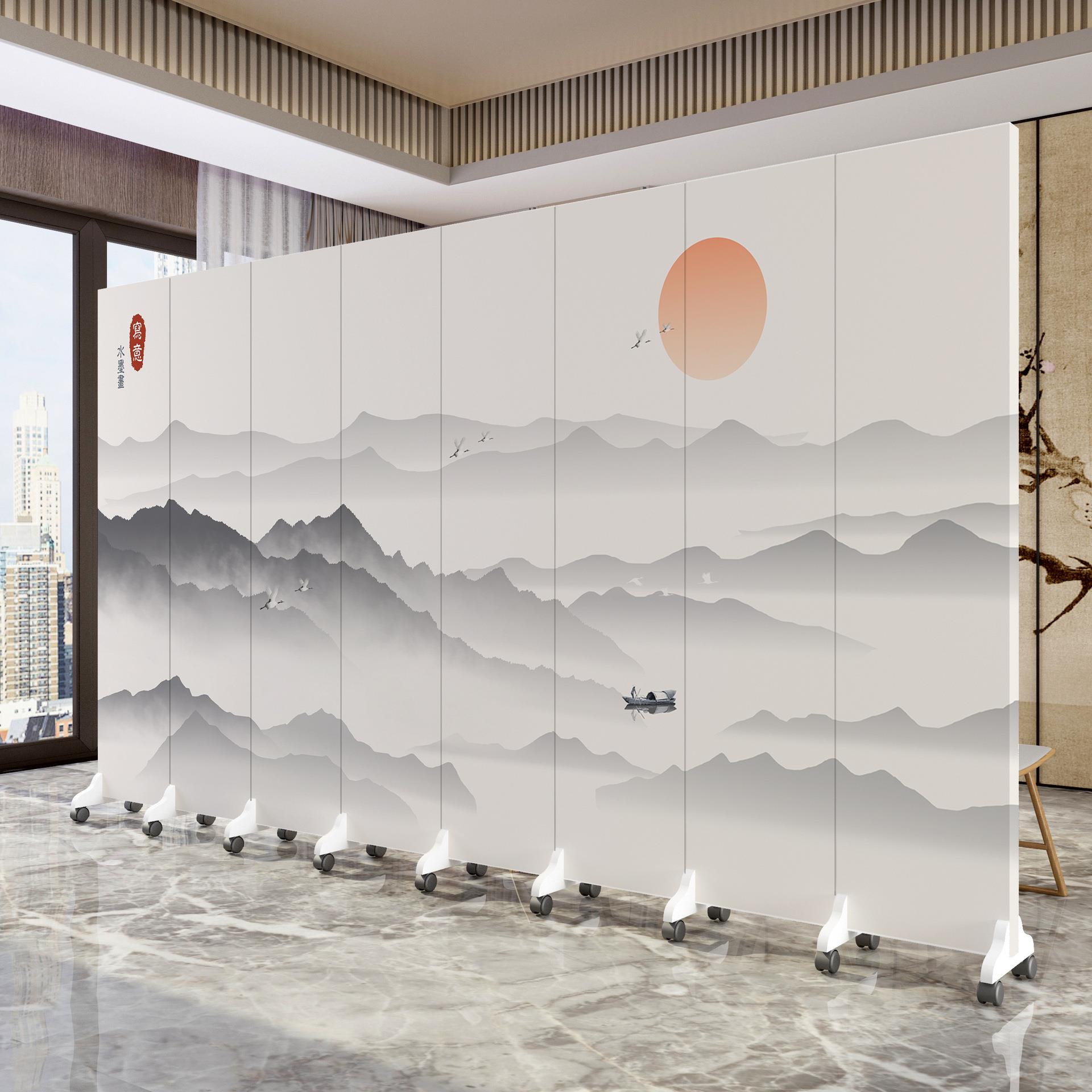 屏风办公室隔断新中式山水风景画客厅玄关入户背景墙移动室内折屏