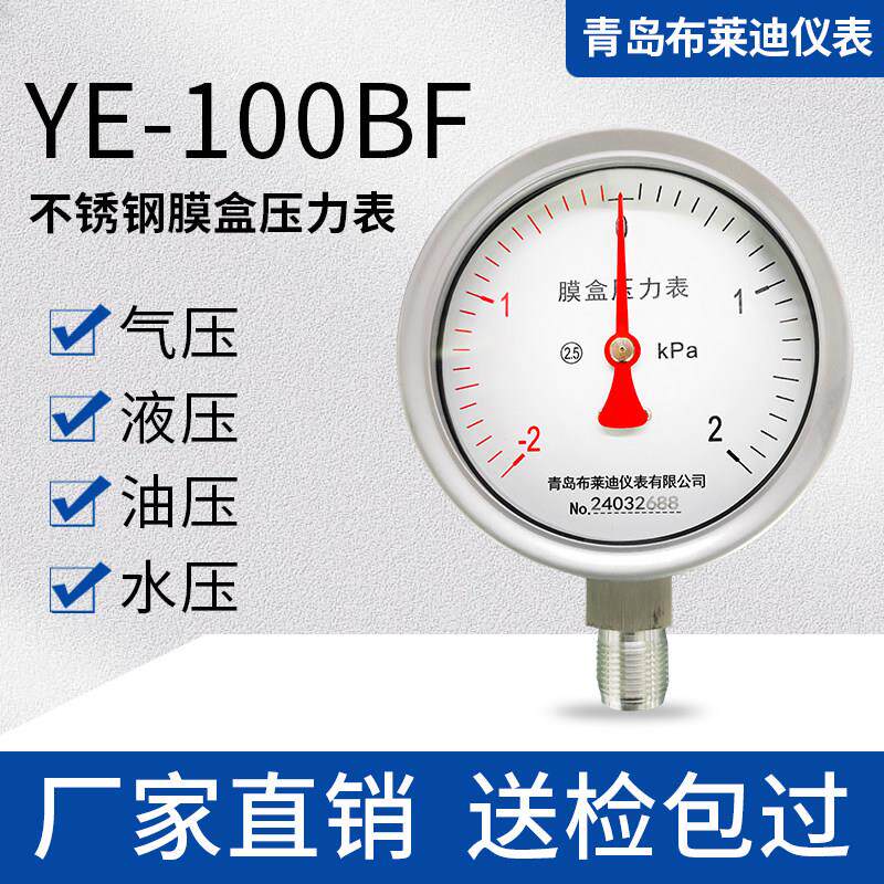 青岛布莱迪不锈钢膜盒压力表YE-100BF 微压表差压表