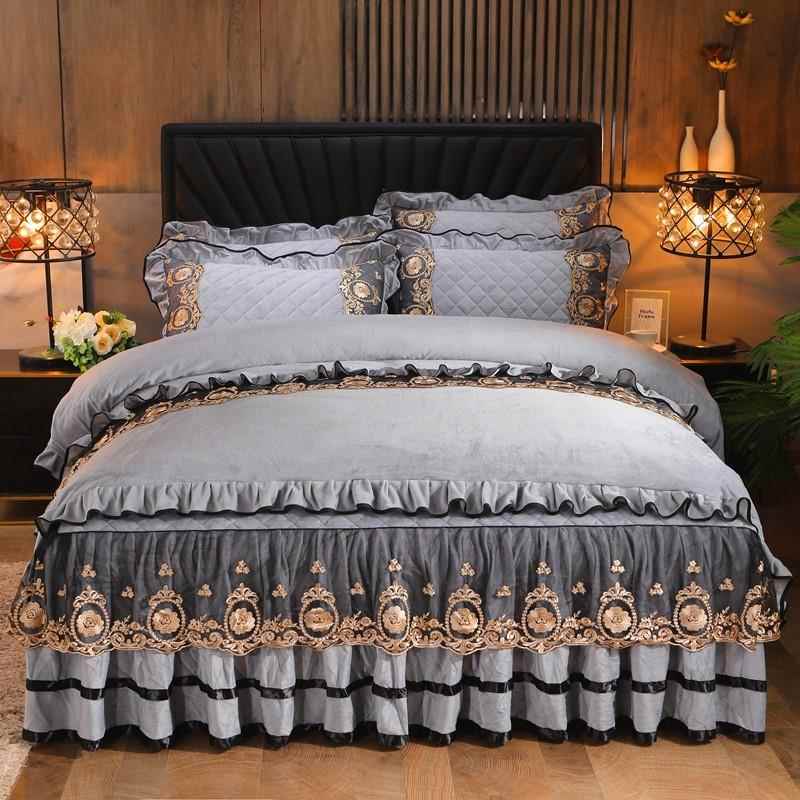 高档欧式牛奶晶床裙四件珊套冬季瑚绒水法兰莱绒床罩加绒厚双面绒