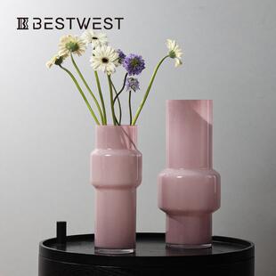 博西家居浅桃瓷粉不规则玻璃花瓶摆件简约家居玄关客厅花器