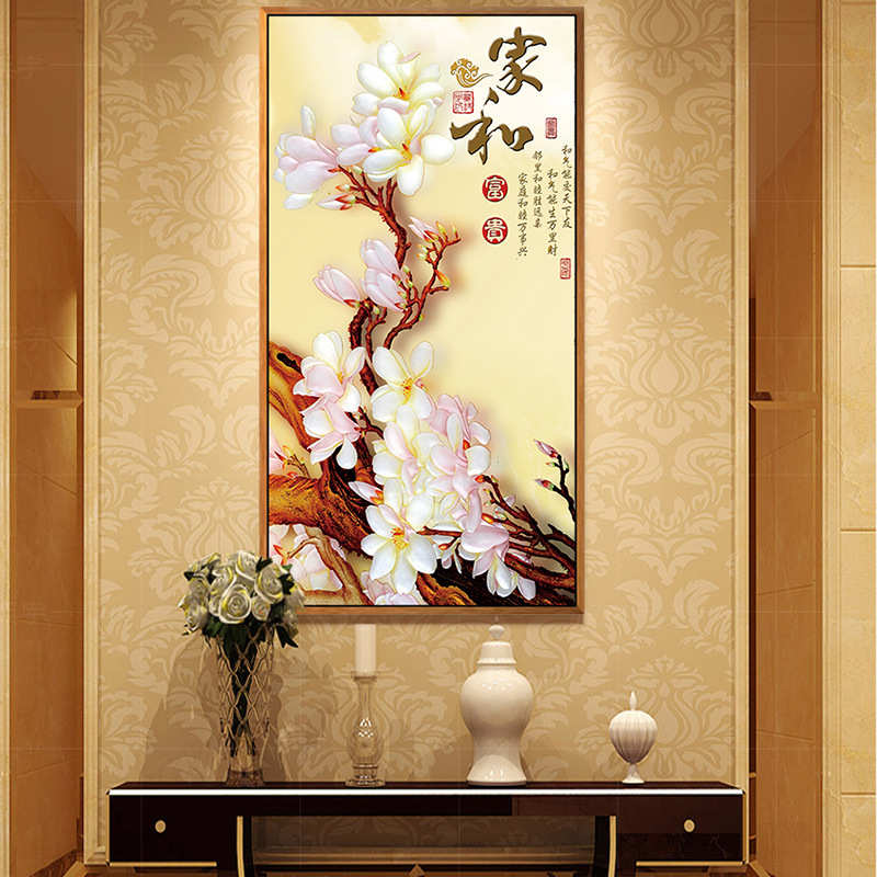 新中式金色孔雀玄关画入户走廊客厅挂画竖版吉祥鸟油画装饰画壁画图片