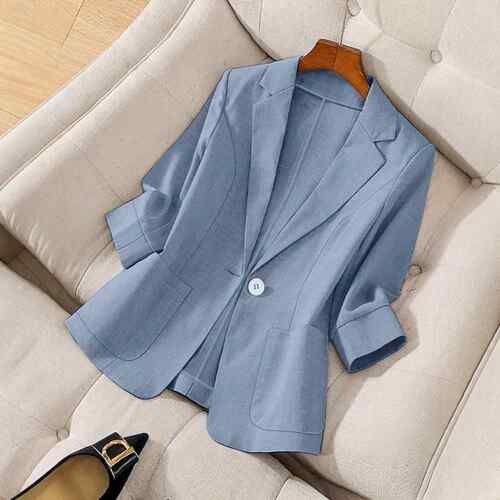 New Linen Texture Womens Blazer Jacket Simple Lapel Single