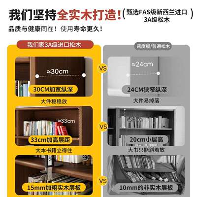 实木书架置物架落地儿童家用收纳储物柜子格子展示矮书柜一体靠墙
