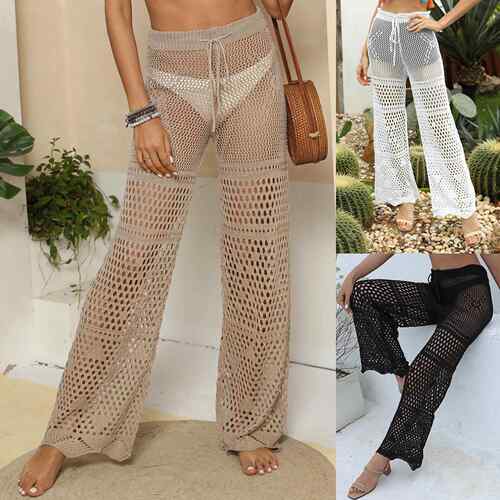 Women's pants, women's hollowed out woven beach pants,