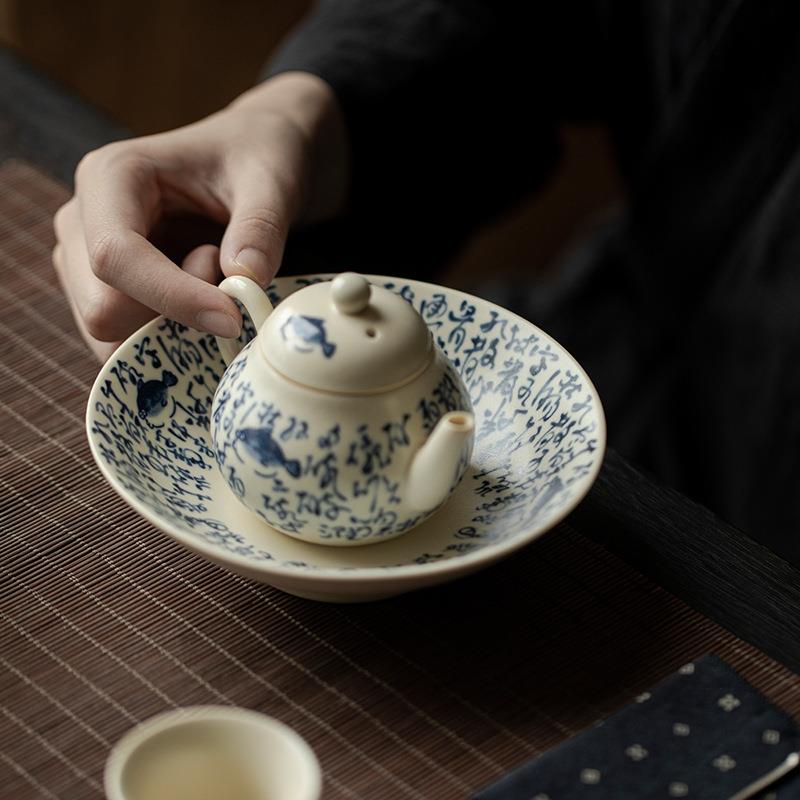 弥言苏打釉青花诗文壶承纯手工陶瓷蓄水茶台盖碗茶壶垫家用干泡盘