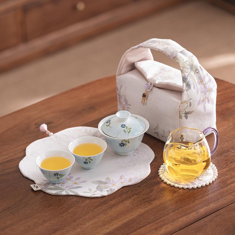 白瓷手绘菊花陶瓷盖碗两茶杯玻璃公道杯家用旅行茶具便携套装户外