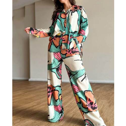 Women's plus size printed shirt high waist wide leg pants