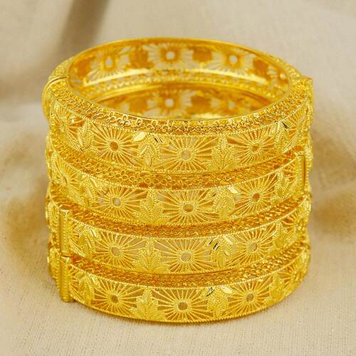 迪拜女式24K镀金镂空手镯印度阿拉伯新娘结婚饰品金镯子bracelet