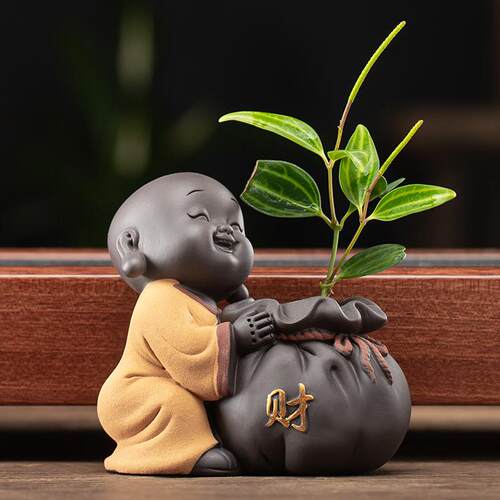 高档水培植物创意可小和尚器茶宠家花居摆饰爱装花饰茶台席茶具摆