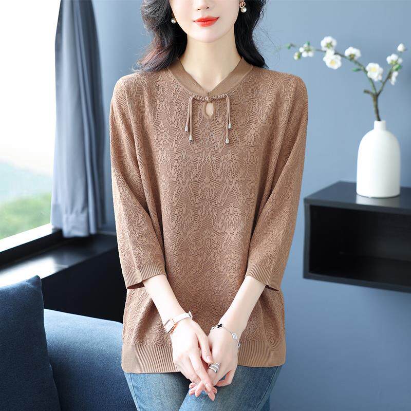 妈妈装立领盘扣上衣女春秋时髦七分袖T桖宽松大码薄款打底针织衫