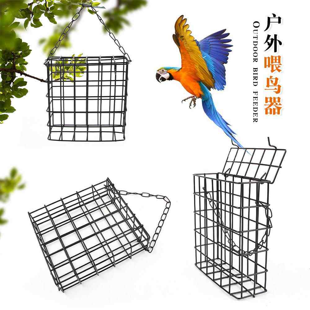 跨境现货户外喂鸟器 方形铁丝网鸟笼带链条 悬挂式飞鸟喂食器