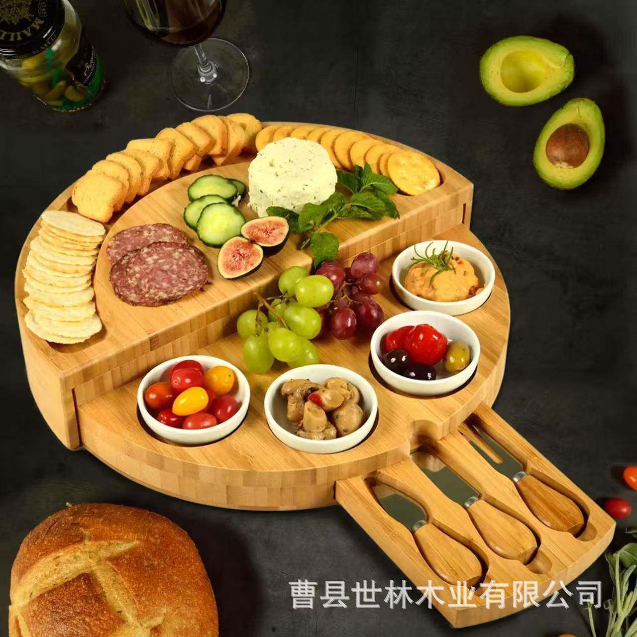 竹木芝士砧板套装带抽屉奶酪披萨板木质圆形砧板面包点心西餐盘