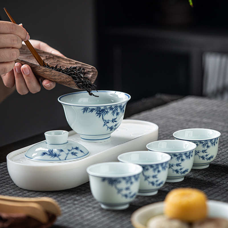 户外旅行茶具套装复古功夫青花瓷盖碗泡茶器茶杯家用便携包伴手礼