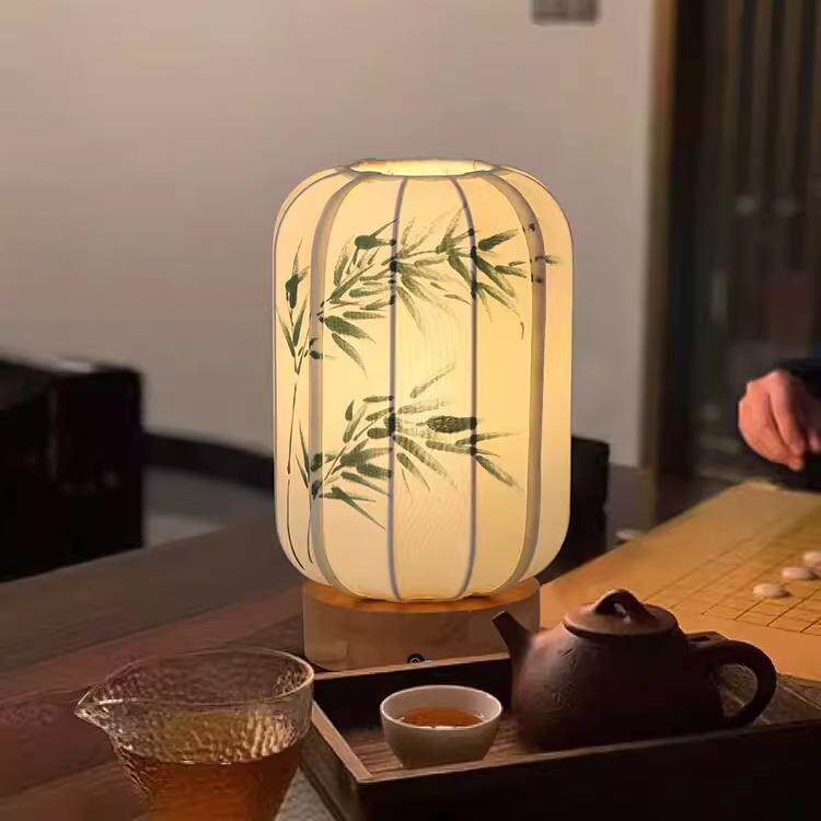新中式古典台灯手工绘画氛围灯亚麻灯罩中式灯饰复古茶室书房灯具