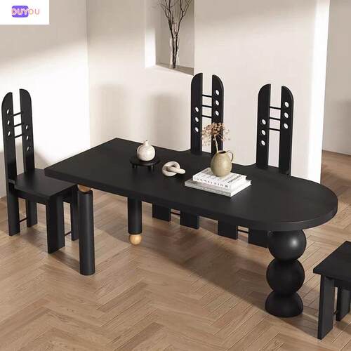 纯实木餐桌法式复古半圆形长方形家用中古风黑色饭桌设计师大书桌
