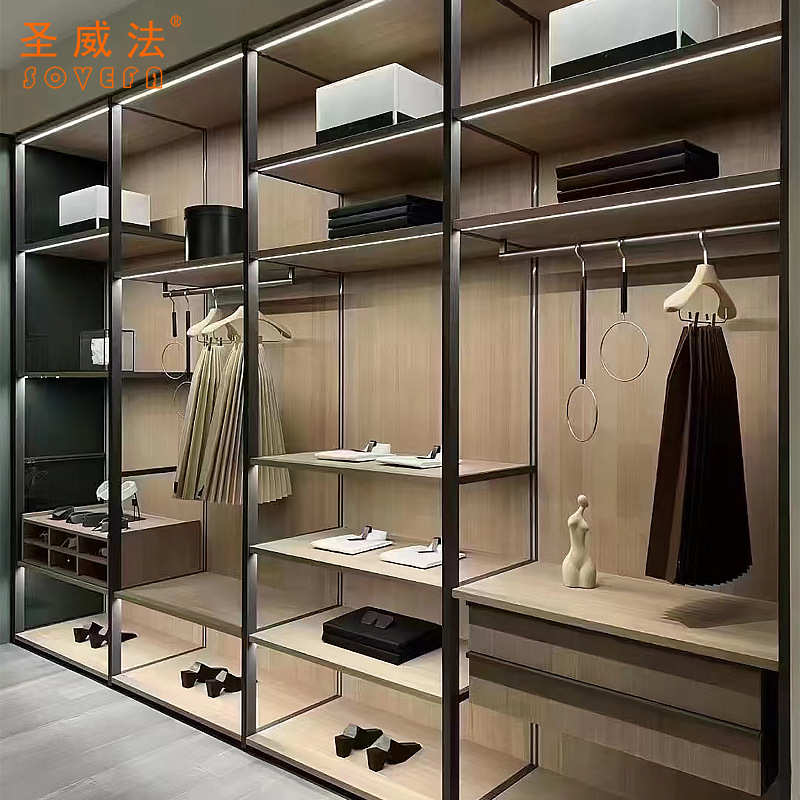 全屋家具轻奢走入式开放式铝合金玻璃衣柜衣帽间衣物储藏收纳柜