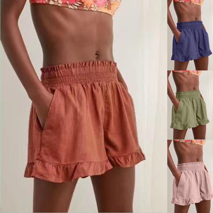 wide casual high elastic ruffled shorts pants Womens waist