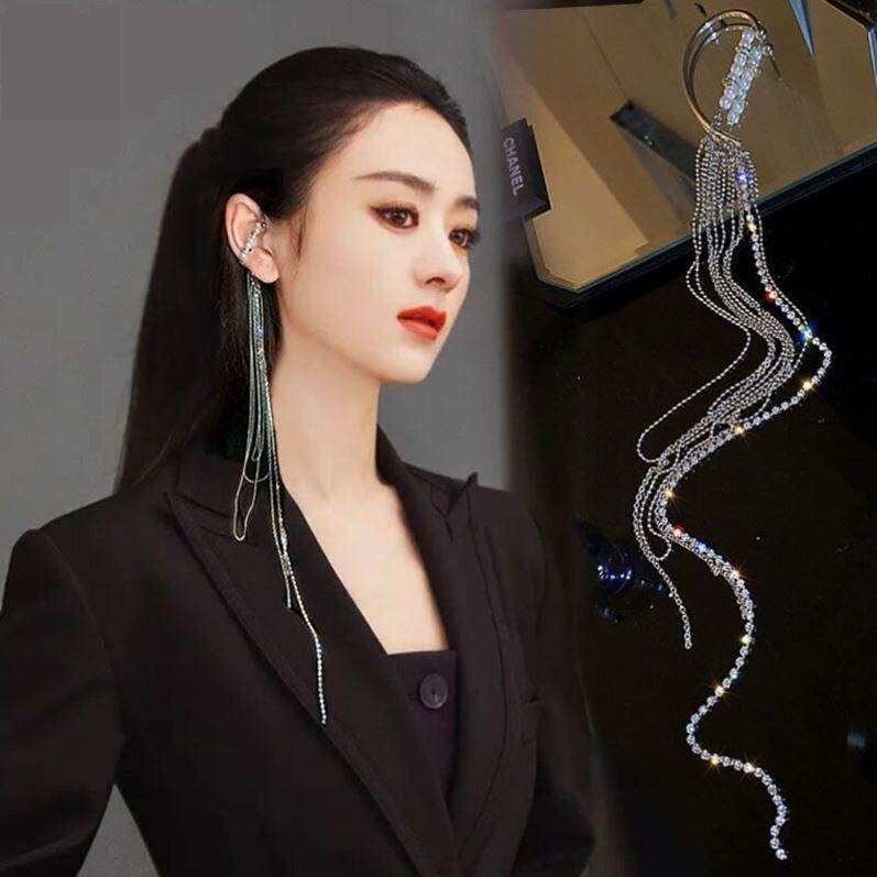 2023新款超长镶钻流苏耳挂小众设计冷淡风无耳洞超仙耳环显脸瘦