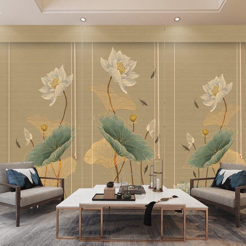 荷花竹帘窗帘画 画卷帘窗帘客厅茶室禅意定制遮光遮阳背景装饰隔