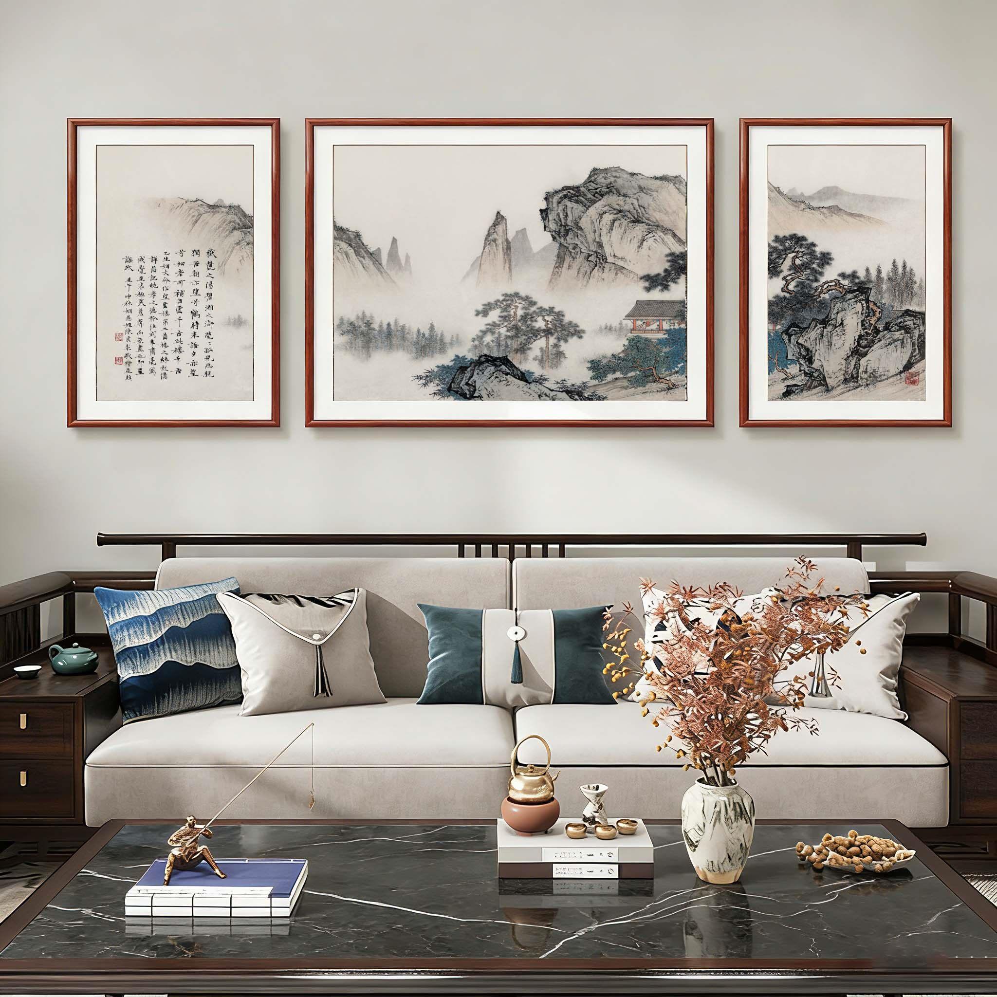 望云楼山水风景画客厅挂画新中式沙发背景墙装饰壁画大气三联国画