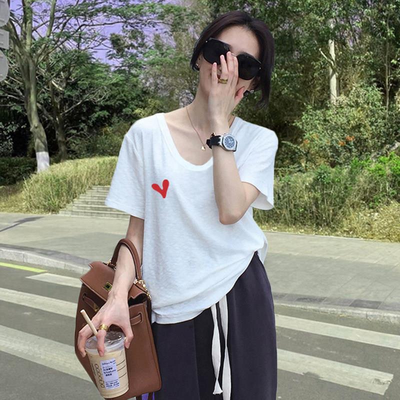 白色v领短袖t恤女夏季薄款大码宽松休闲显瘦纯棉印花半袖体恤上衣