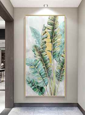 网红家大油业大手绘画现代金挂枝绿色蕉叶芭画装饰客厅画玄关肌理