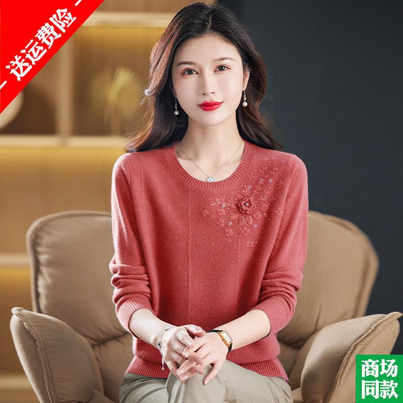 中年妈妈100纯羊毛衫毛衣短款圆领打底衫秋冬新款宽松针织上衣女