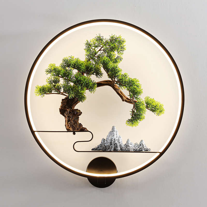 新中式壁灯仿真松树靠山电视背景墙楼梯台阶客厅卧室茶几会所新款