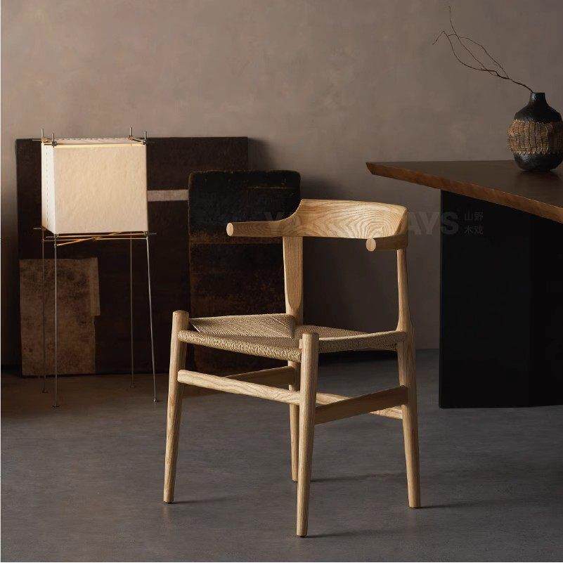北欧实木餐椅藤编椅子家用白蜡原木扶手椅简约靠背椅休闲泡茶椅子