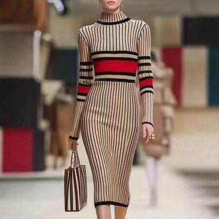 Women's Autumn Winter Skinny Contrast Color Bodycon Dress