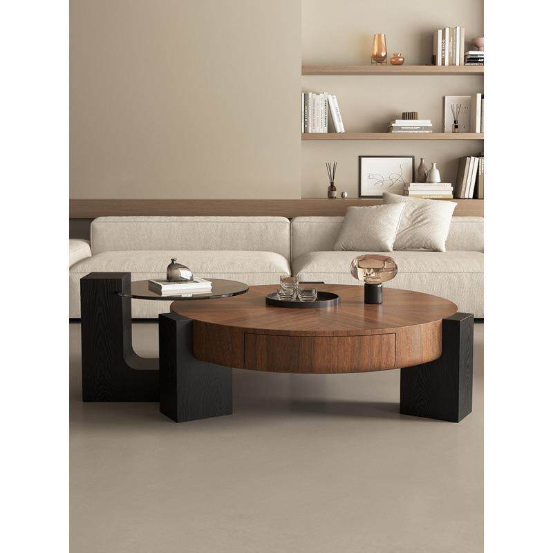 意式极简实木茶几组合客厅感设计师款圆形小户型个性茶桌家用