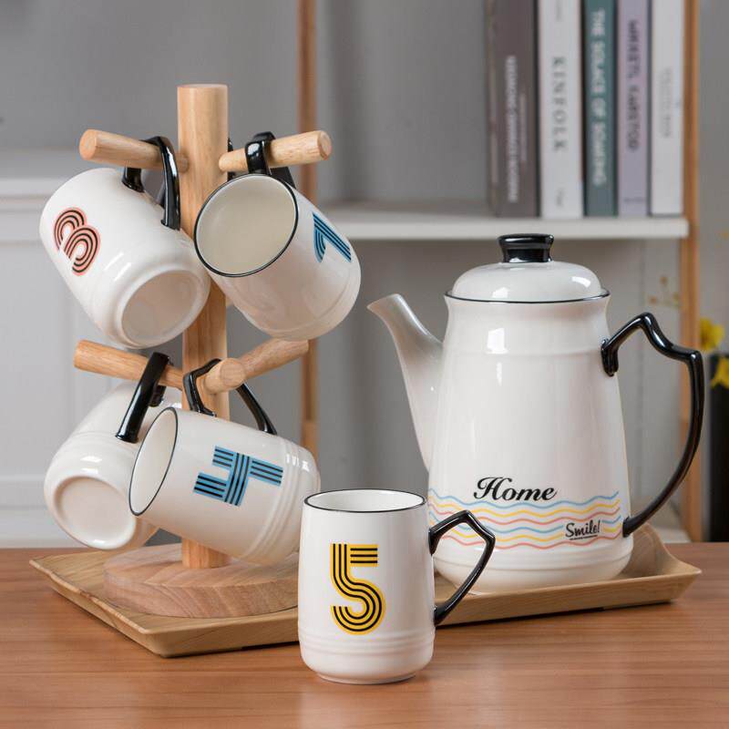 北欧水杯套装数字杯子家用办公室陶瓷热水杯咖啡杯木架不锈钢杯架