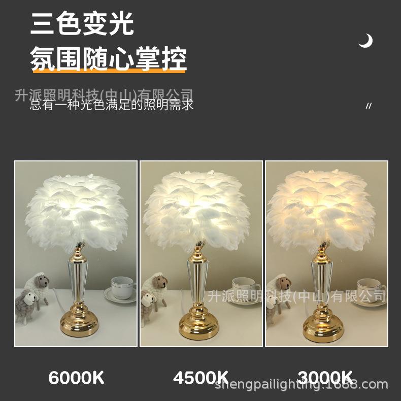【】北欧轻奢羽毛台灯浪漫温馨结婚水晶桌灯简约创意卧室灯