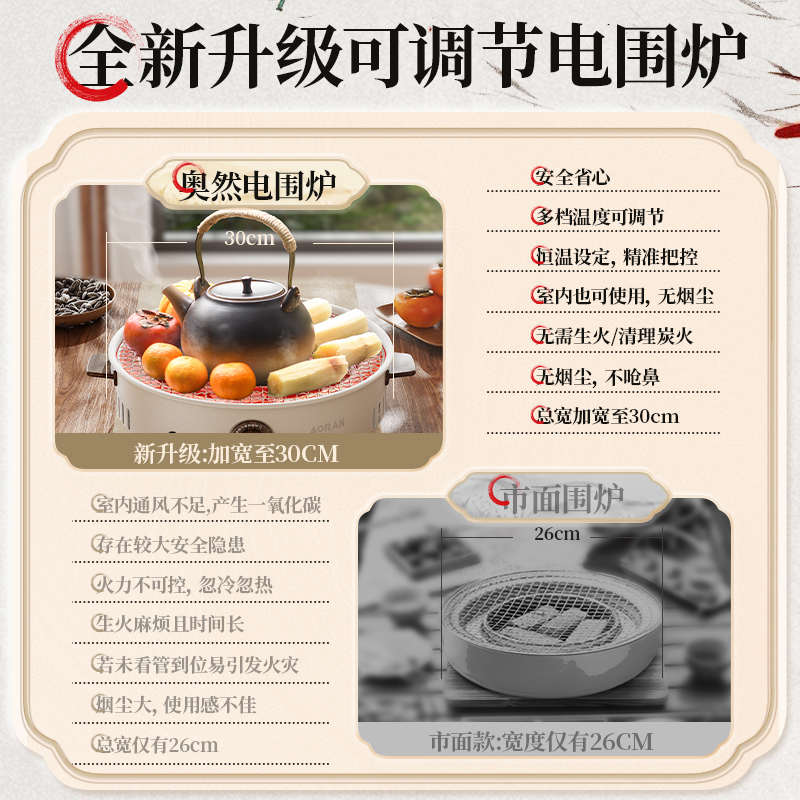 WTY奥然围炉煮茶器电陶炉家用小型烤火盆烤红薯多功能烧烤架烤火