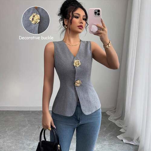 Womens Summer V Neck Vest Tops Button up Sleeveless