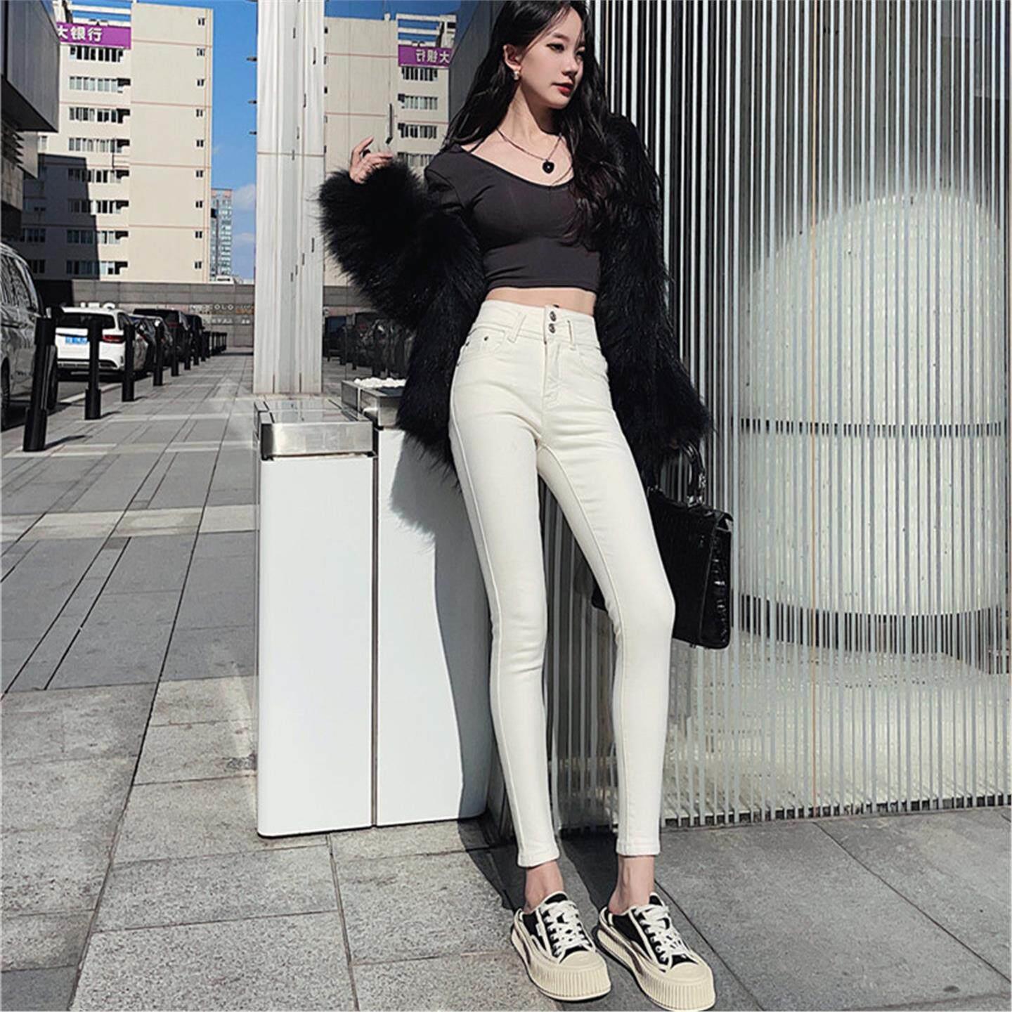 SPYB米白色高腰弹力牛仔裤女秋冬加绒显瘦修身提臀弹力小脚铅笔裤