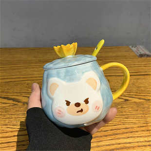 可爱卡通早餐创意水杯子少女学生陶瓷杯带盖勺吸管马克杯 ins韩式