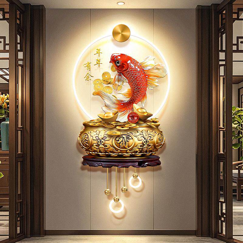 新中式聚宝盆玄关装饰画招财锦鲤鱼走廊挂画年年有余入户带灯壁画