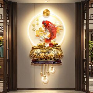 新中式聚宝盆玄关装饰画招财锦鲤鱼走廊挂画年年有余入户带灯壁画