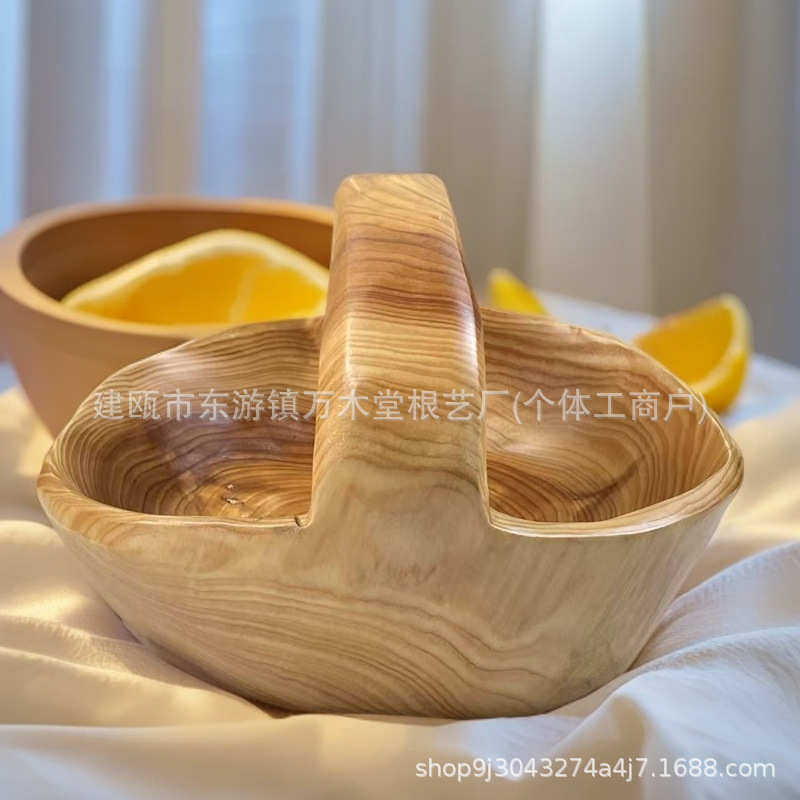 复古时尚摆件零食篮不规则木质工艺品收纳篮手提家用酒店水果篮