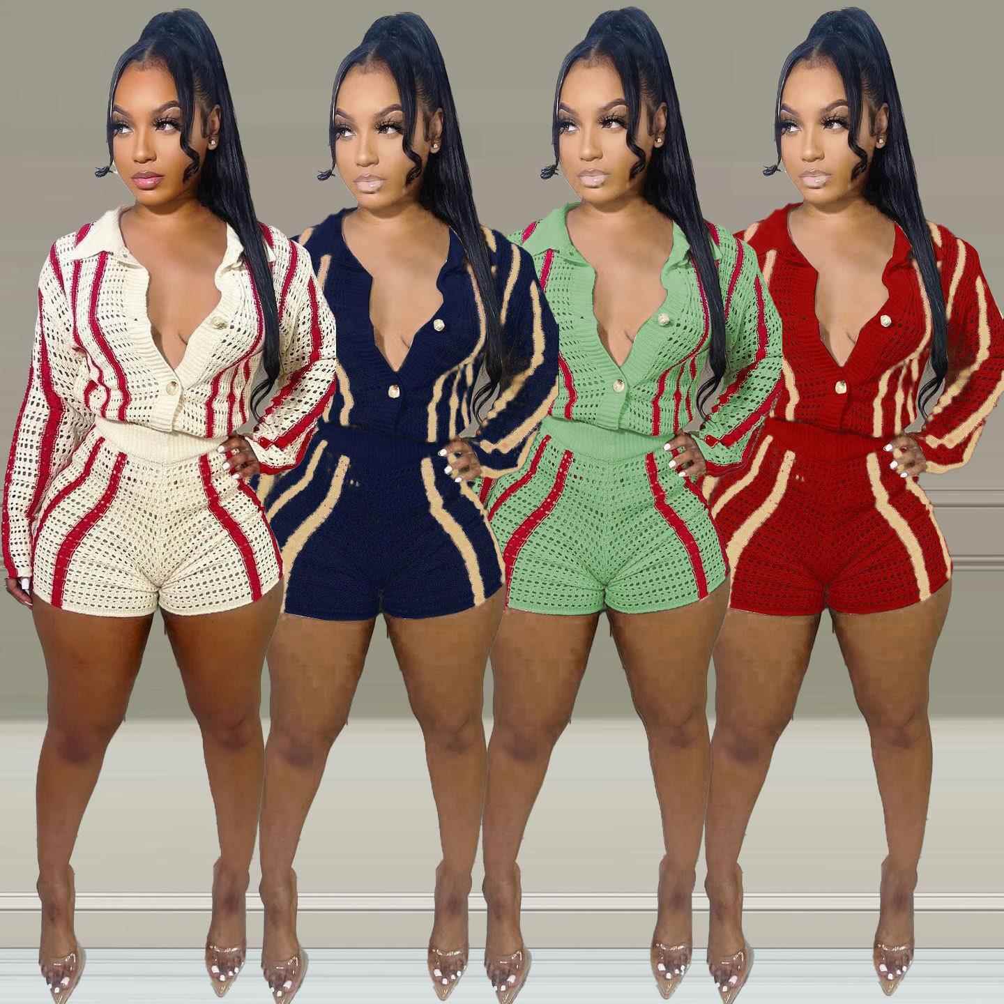 Set Sweater Slim Cardigan Striped Button Turtleneck