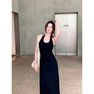 收腰显瘦百搭中长版 Adan 2025夏季 吊带裙挂颈洋装 A字裙 黑色修身