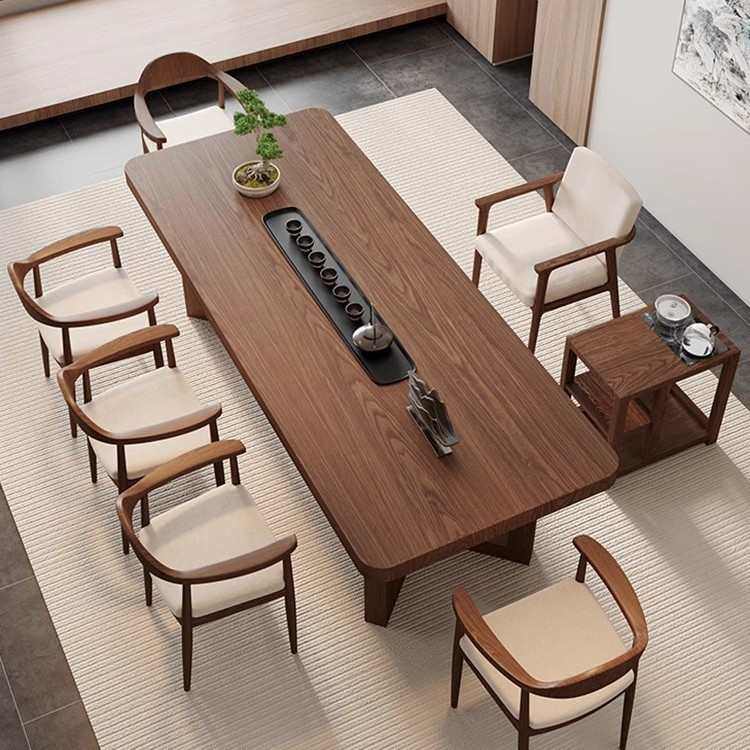 现代简约实木原木茶台大板茶桌椅组合客厅办公室新中式一桌五椅