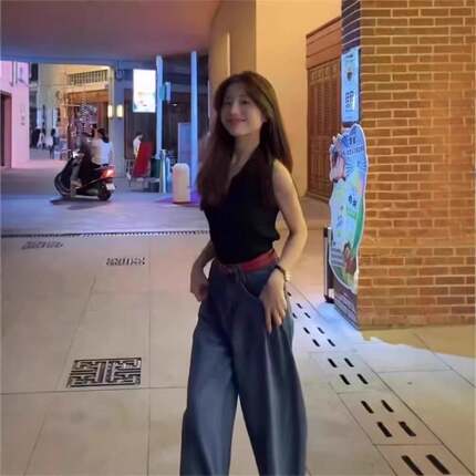 纯欲风辣妹黑色翻领无袖针织衫背心女夏季修身显瘦短款polo领套装