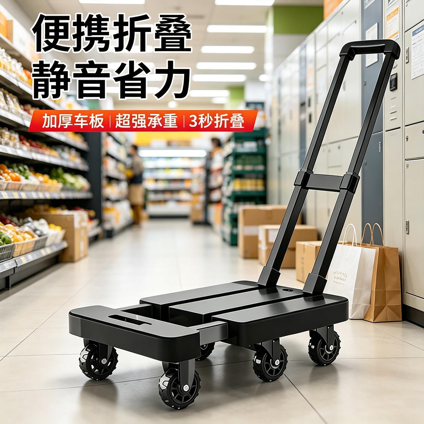 大轮静音小板车平板车家用商用伸缩小拉车折叠拉货车小拖车手拉车