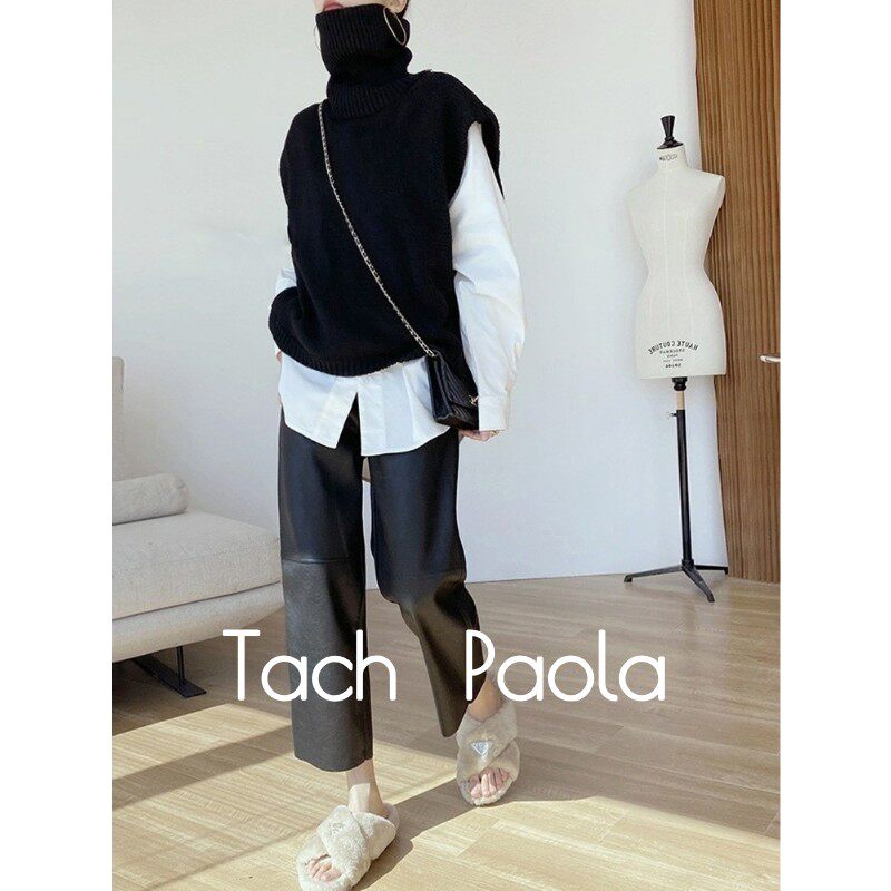 TachPaola法式轻奢柔软绵羊皮皮裤气质宽松通勤女显瘦休闲九分裤