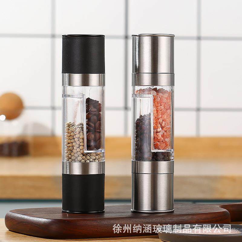 双头研磨器海盐黑胡椒粉碾碎器手动不锈钢家用玻璃磨粉瓶